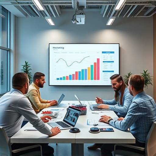 Digital marketing strategy meeting with various devices and charts, representing digital marketing course